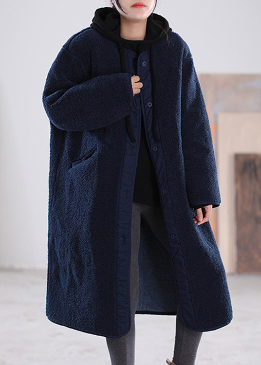 Loose Coffee O-neck Patchwork Button Pockets Faux Fur Coats Long Sleeve