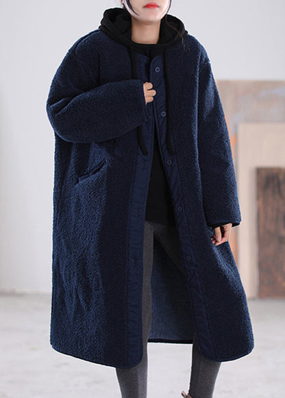 Loose Coffee O-neck Patchwork Button Pockets Faux Fur Coats Long Sleeve