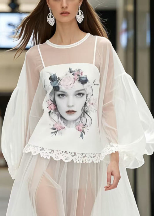 White Print Patchwork Lace Perspective Dress Lantern Sleeve