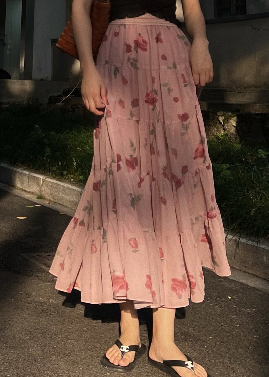 Pink Wrinkled Print Elastic Waist Chiffon Skirts Spring