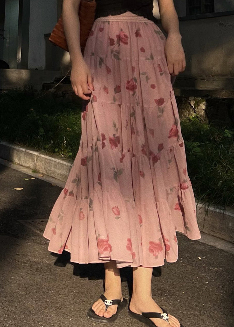 Pink Wrinkled Print Elastic Waist Chiffon Skirts Spring