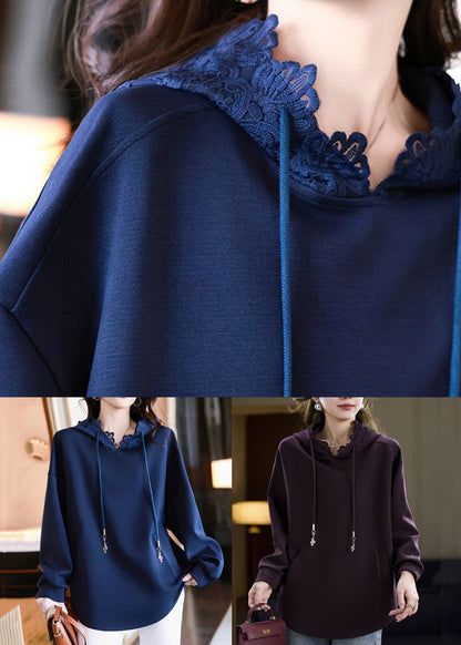Loose Navy Hooded Pockets Lace Cotton Sweatshirt Fall