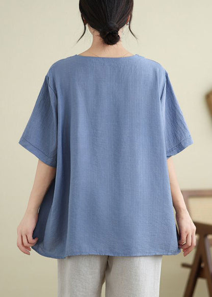 Blue O-neck Print Ice Silk T Shirt Summer