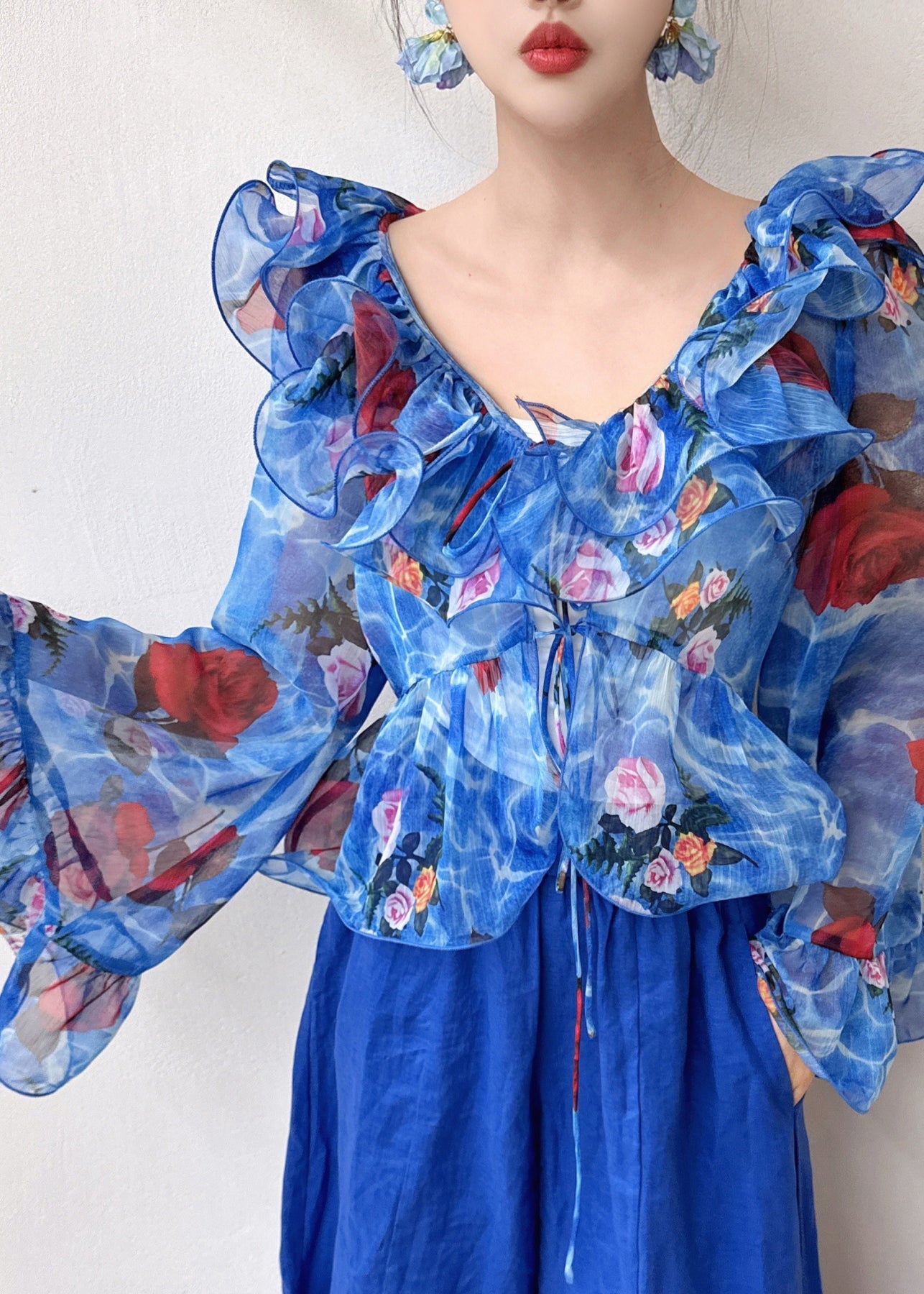 Blue Ruffled Patchwork Print Chiffon Shirt Flare Sleeve