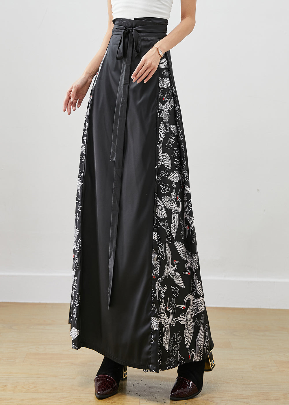 Stylish Black Tie Waist Patchwork Silk a Line Skirts Fall