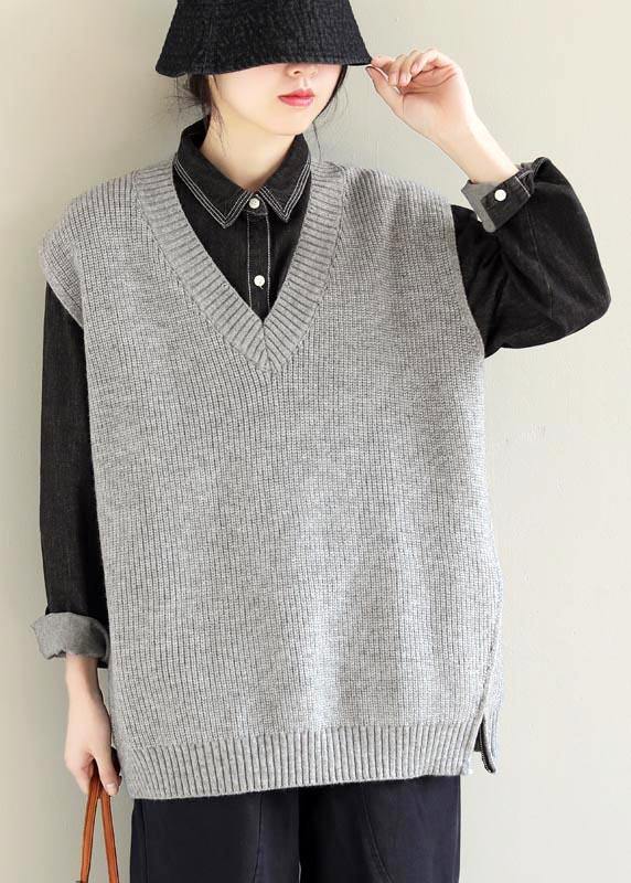 Light Gray Knitwear Clothing V Neck Sleeveless Knit Blouse
