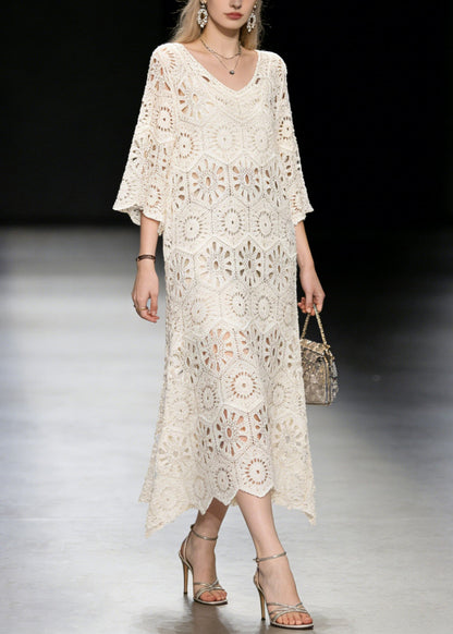New Apricot V Neck Hollow Out Knit Long Dress Summer