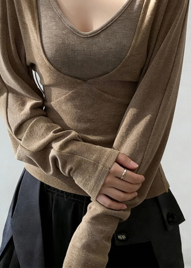 Khaki V Neck Patchwork Cotton Shirt Tops Spring