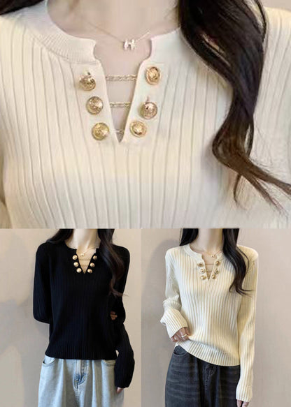 Boutique White V Neck Cotton Knit Sweater Spring
