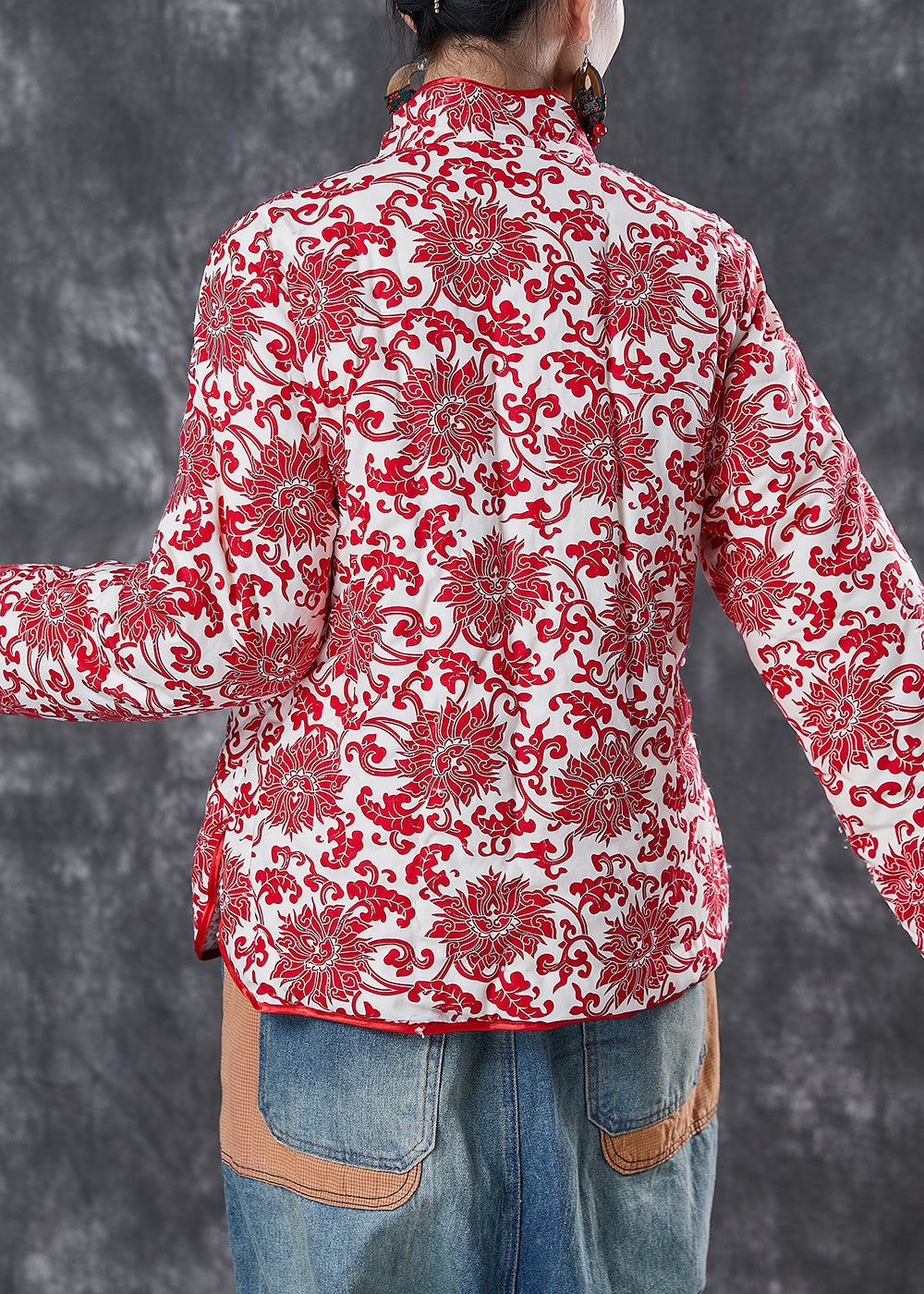 Chinese Style White Print Chinese Button Fine Cotton Filled Jacket Winter