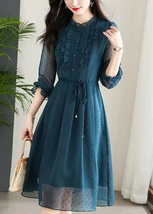 Navy Ruffled Tie Waist Patchwork Chiffon Dress Summer