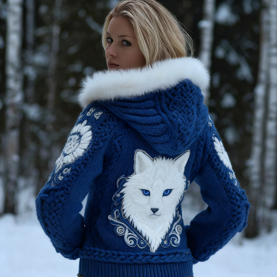 Viking Retro Style Cat Embroidery Pattern Women's Knit Hooded Sweater Jacket artswardrobe