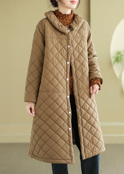 Khaki Plaid Fine Cotton Filled Jacket in Winter Peter Pan Collar