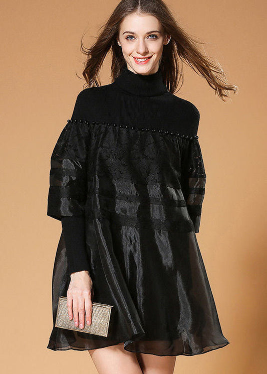 Black Turtle Neck Nail Bead Patchwork Organza Knit Dresses Spring