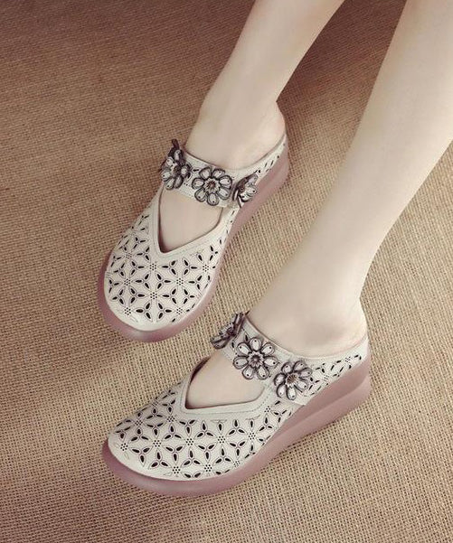 Beige Splicing Cowhide Leather Wedge Slide Sandals Hollow Out