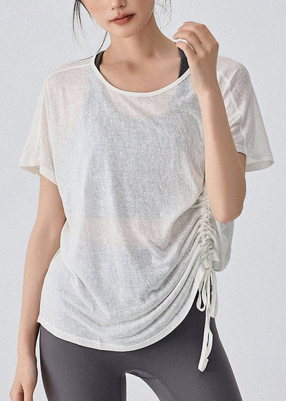 White Drawstring Short Sleeve Yoga Top