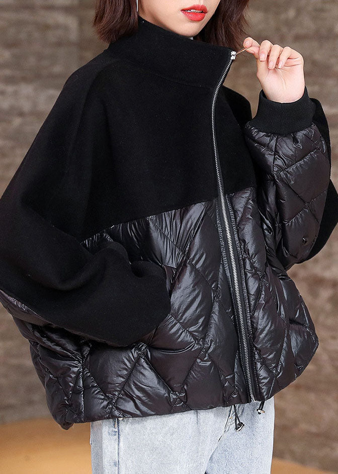Black Zippered Patchwork Winter Puffer Jacket Down Coats