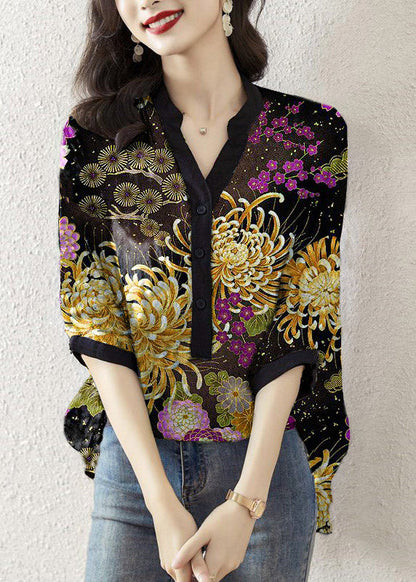 Black V Neck Print Button Silk Top Half Sleeve