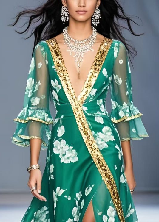 Green V Neck Print Chiffon Holiday Dress Flare Sleeve