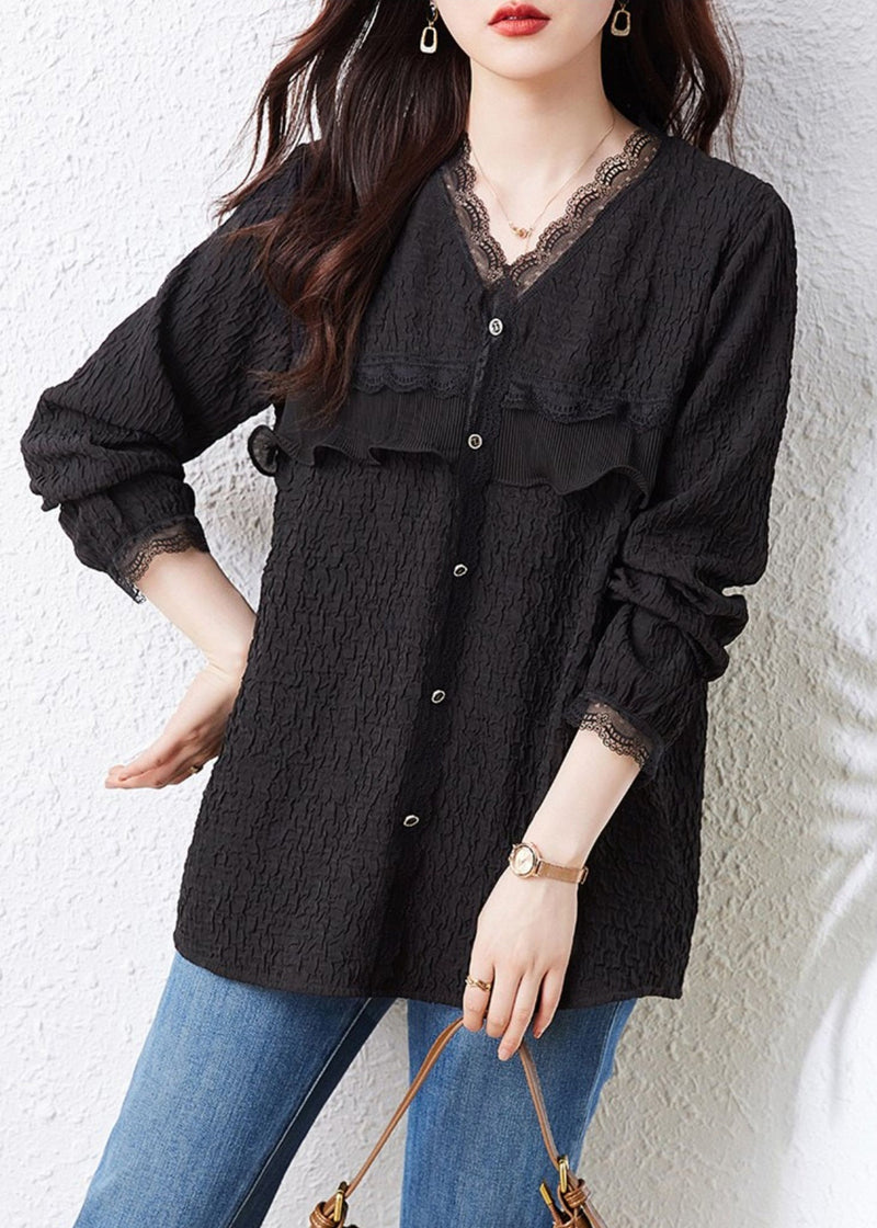 Black V Neck Ruffled Lace Patchwork Top Fall