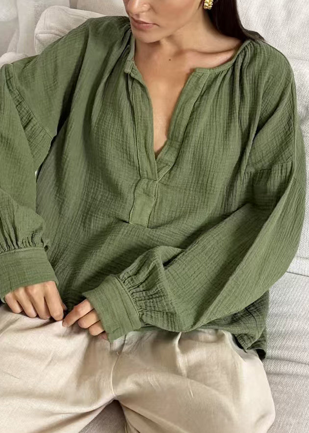 Green Oversized Cotton Fall Shirt V Neck
