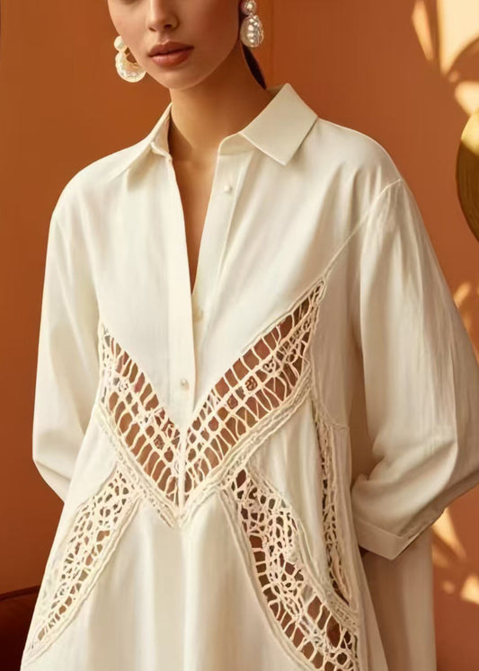 White Oversized Hollow Out Cotton Shirt Dress Spring