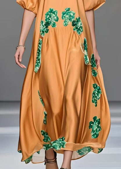 Orange Oversized Print Silk Maxi Dresses Half Sleeve