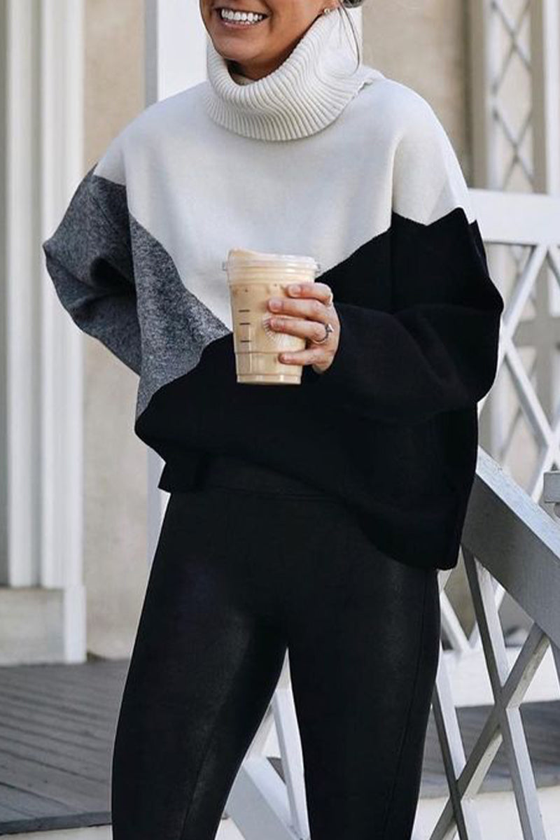 Work Color Block Patchwork Turtleneck Tops