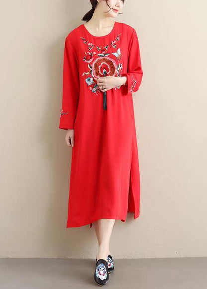 O Neck Tassel Tunics Outfits Red Embroidery a Line Dresses