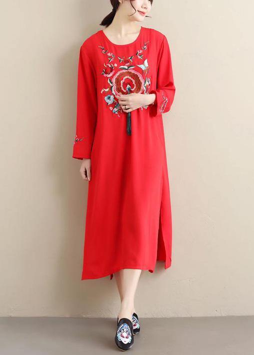 O Neck Tassel Tunics Outfits Red Embroidery a Line Dresses