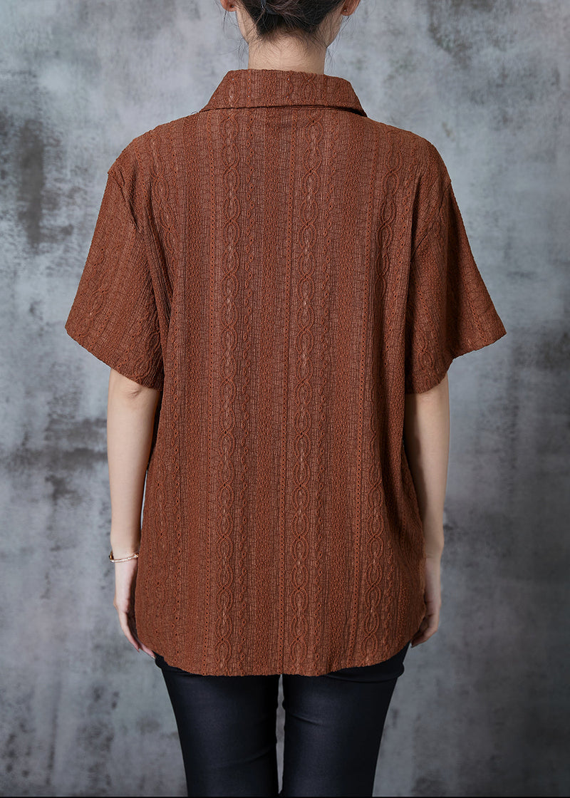 Caramel Hollow Out Cotton Shirt Top Embroidered Summer