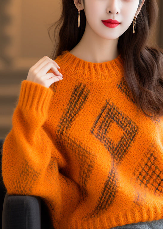 Orange O Neck Cozy Thick Cotton Knit Sweaters Long Sleeve