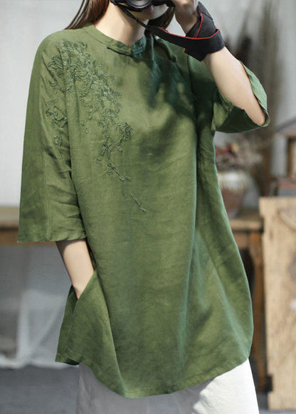 Green Stand Collar Embroidered Linen Tops Half Sleeve