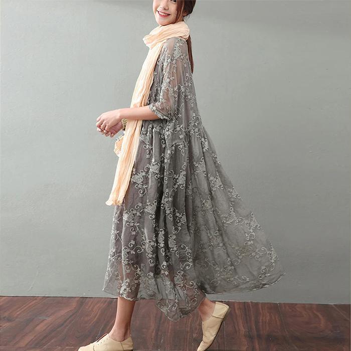 Gray Maxi Dress Lace Gown Top Quality Bracelet Sleeved Gown ( Limited Stock)