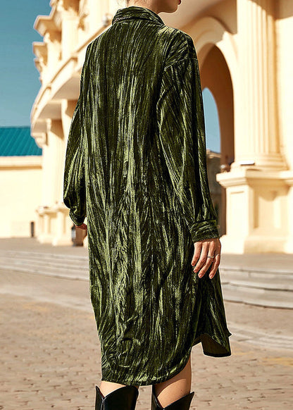 Ins Temperament Skirt Button Long Seeve Shirt Dress Green