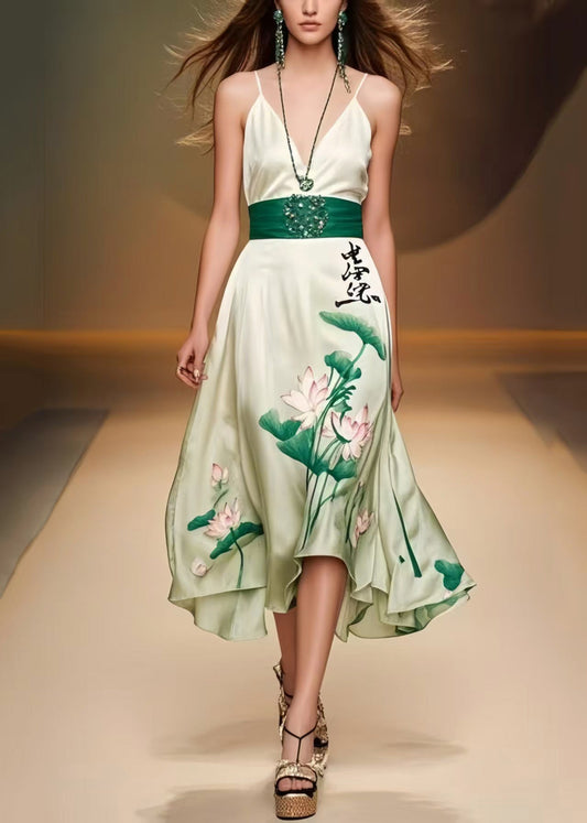 Green Cinched Lotus Leaf Print Silk Mini Dress Sleeveless