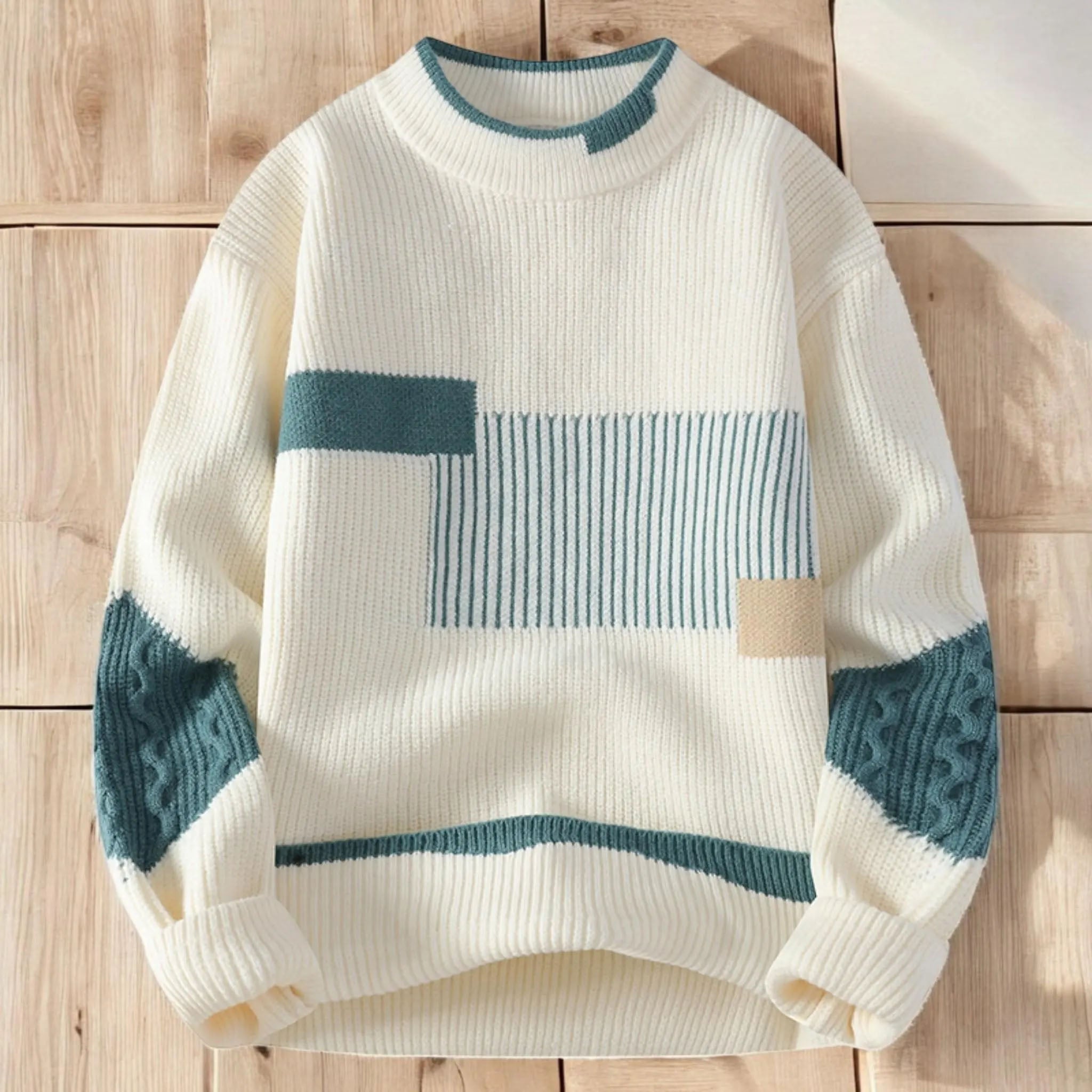Vegan Mock Minimalist Knit Pullover Sustainable Patchwork Warmth Knitted Jacquard Unisex Sweater artswardrobe