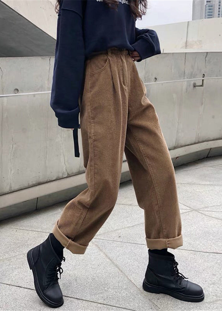 Khaki Pockets High Waist Warm Fleece Pants Fall