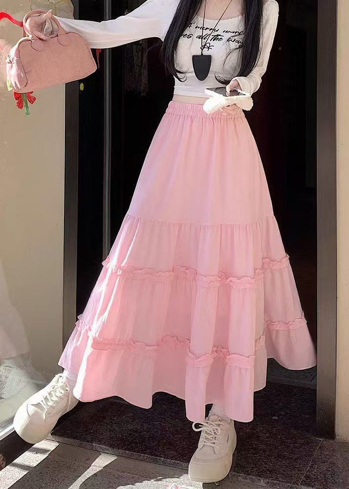 Pink Ruffled Patchwork Cotton Skirt Fall