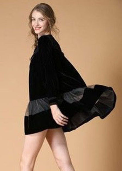 Black Embroideried Patchwork Velour Mini Dress Spring
