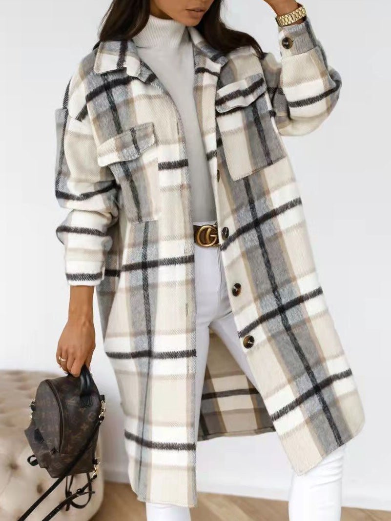 Coats Single Breasted Plaid Brushed Mid Length Wool Coat