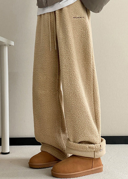 Khaki Pockets Elastic Waist Teddy Faux Fur Pants Winter
