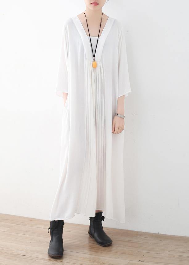 Natural Cinched Chiffon Wardrobes Design White V Neck Traveling Dress Summer