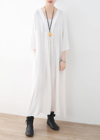 Natural Cinched Chiffon Wardrobes Design White V Neck Traveling Dress Summer