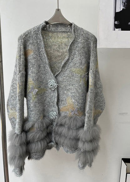 Modern Light Grey V Neck Fur Cotton Knit Cardigans Fall