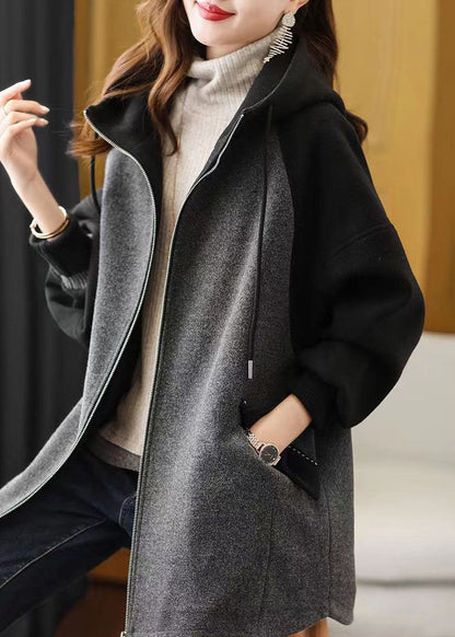 Grey Zip Up Pockets Patchwork Fine Cotton Filled Hooded Coat Fall