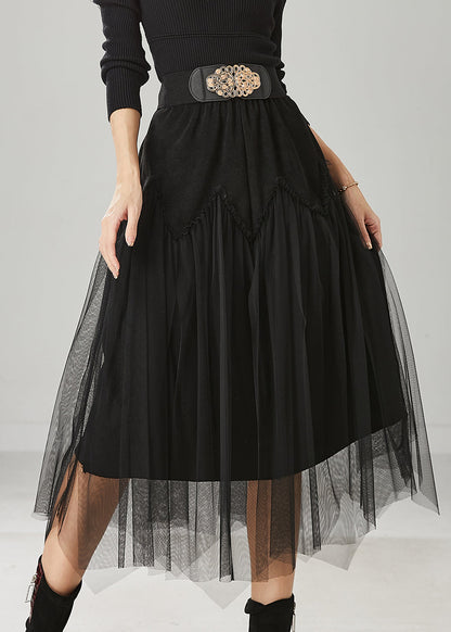 Black High Waist Patchwork Tulle Corduroy Skirts Spring
