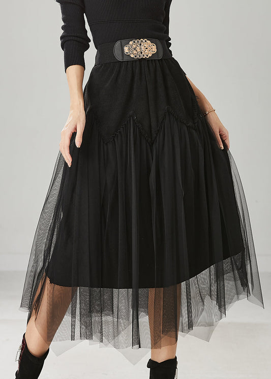 Black High Waist Patchwork Tulle Corduroy Skirts Spring