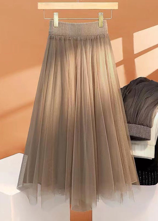 Khaki High Waist Wrinkled Asymmetrical Tulle Skirt Spring