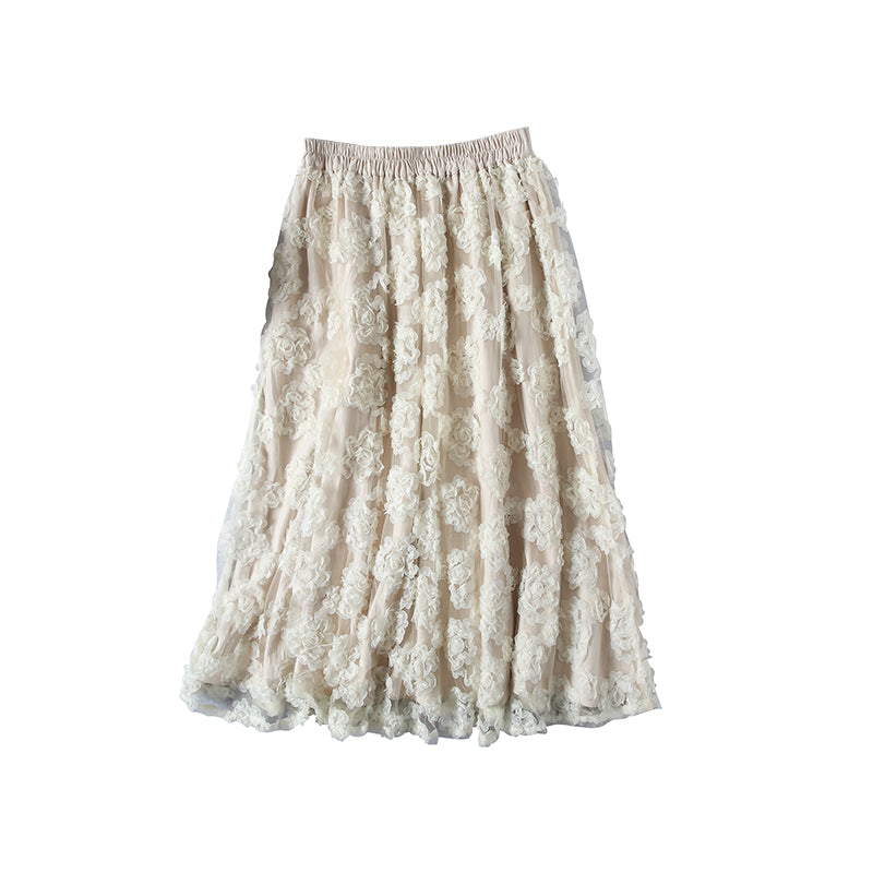 Double-layer Flower Lace Mesh Cotton Linen Autumn Skirt